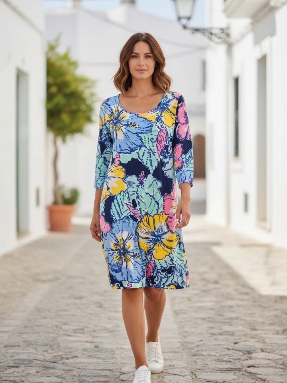 LILLY PULITZER Marlowe Dress Navy Flirt Hibiscus Print pima Cotton 3/4 sleeve